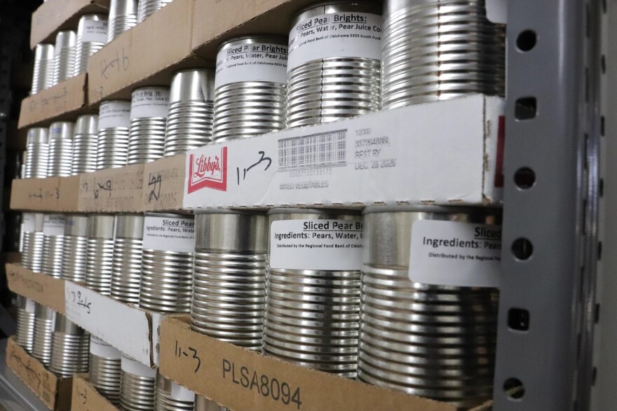 Shelves are full of canned pears at this Midwest City food pantry in Oklahoma.