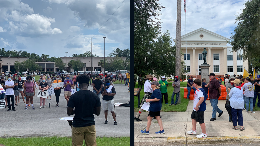 Two pictures - one is Tevel Adams speaking to a crowd of people, while the other is another crowd outside the Putnam County Courthouse, surrounding the monument.