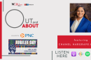 The image features a photo of this episode’s guest Chanel Hargrave-Murray, Supervisor of Community Connections for the Peoria Park District. The image has the quote “JUBILEE DAY CELEBRATIONS”, with a graphic of the Juneteenth celebration taking place June 19, 2026 on the Peoria Riverfront. As always, the graphic artwork also features an icon of the podcast’s sponsor PNC Bank as well as various podcast platforms where the Out and About podcast can be heard. 