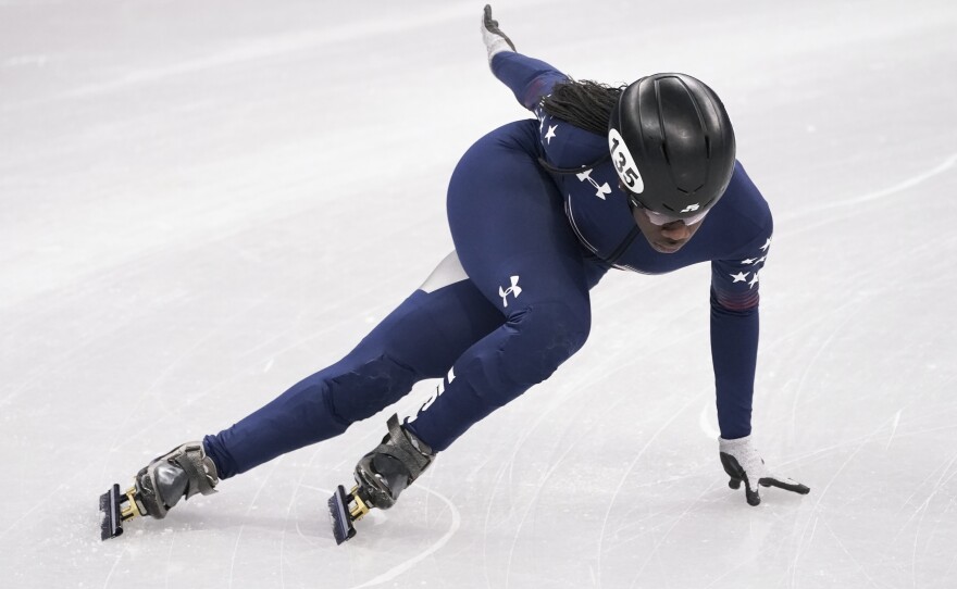 Biney skates during a short track speedskating training session in Gangneung on Feb. 6.