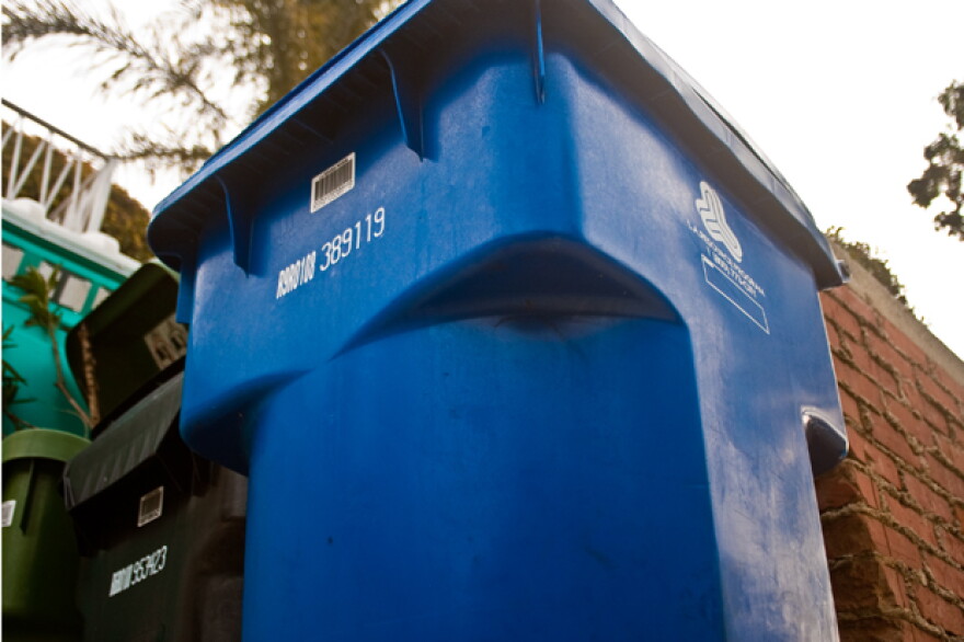 a blue trash can