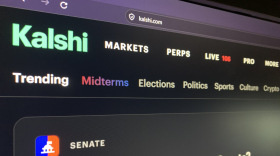 Close-up of a computer screen on the Kalshi website. Along the top are various topics to put wagers on, like midterms and sports. The one featured currently is "Which party will win the U.S. Senate?"