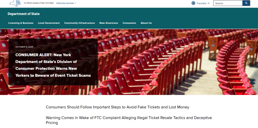 A screen shot of CONSUMER ALERT: New York Department of State’s Division of Consumer Protection Warns New Yorkers to Beware of Event Ticket Scams | Department of State