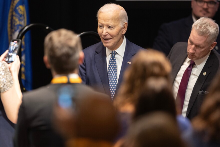 Former President Joe Biden arrives for the Ben Nelson Gala Friday, Nov. 7, 2025, in Omaha, Neb. (AP Photo/Rebecca S. Gratz)