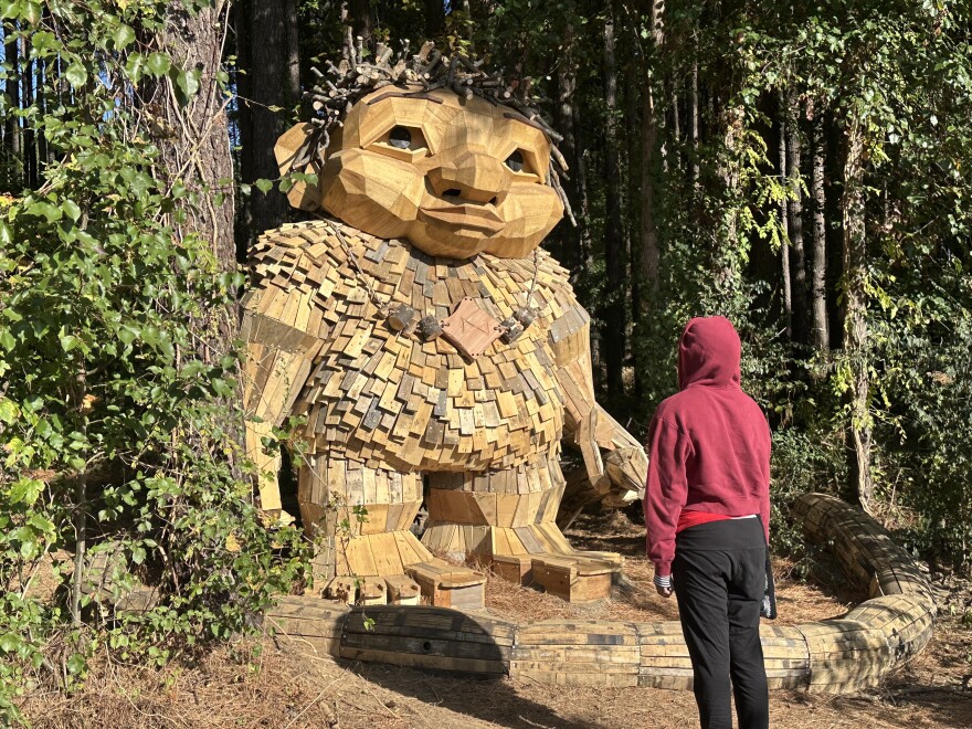 One of five giant trolls on display in Dix Park in Raleigh.