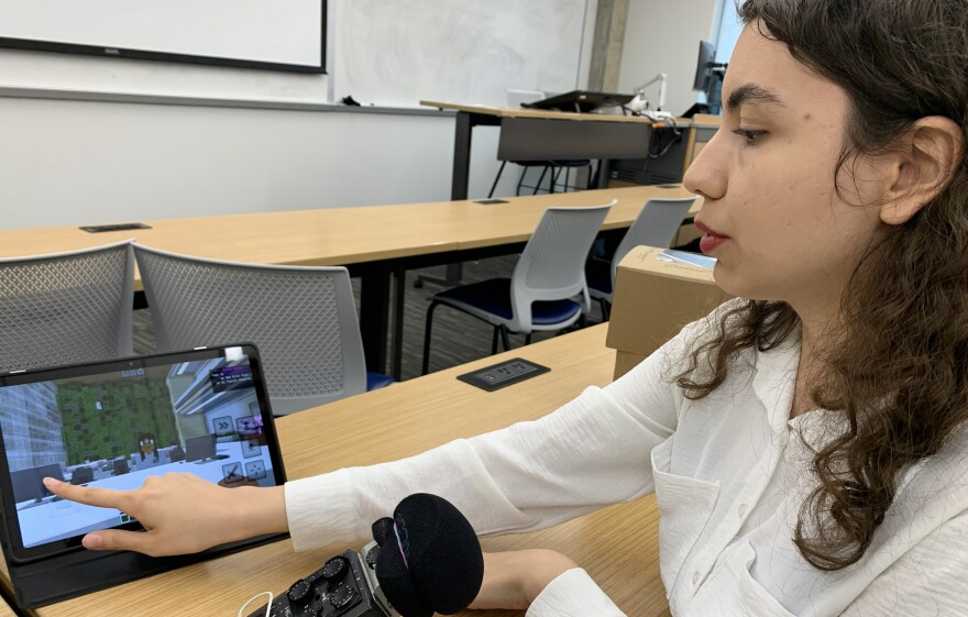 Woman looking at laptop, and pointing