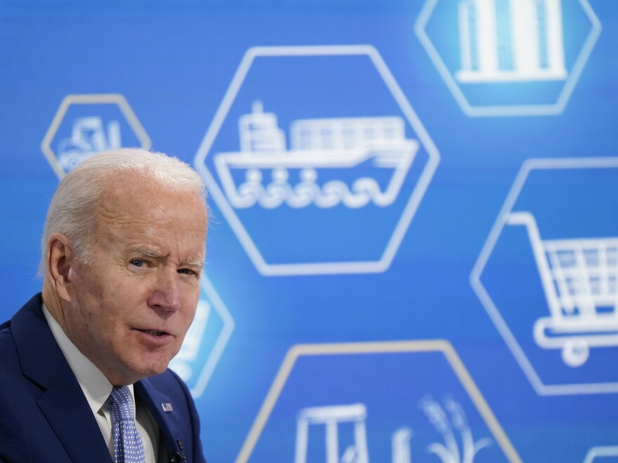 President Joe Biden speaks during a meeting with his task force on supply chain issues, Wednesday, Dec. 22, 2021, in the South Court Auditorium on the White House campus in Washington. (AP Photo/Patrick Semansky)