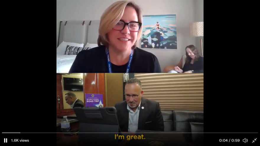 Alachua County Superintendent of School Carlee Simon speaks with Secretary of Education Miguel Cardona during an online call on Thursday. Image: USDOE via Twitter