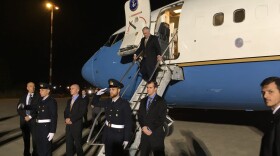 U.S. Secretary of State Rex Tillerson steps off his plane at Pisa Military Airport in Pisa, Italy, on Sunday, April 9, 2017. Tillerson is in Italy to attend a meeting of foreign ministers from the Group of 7 industrialized economies. (Josh Lederman/AP)
