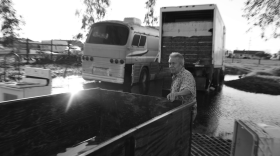 Former lead singer of the Merced County grupero band Los Kinos, Adolfo Sanchez, walks toward the tour bus that took his band across the country to entertain crowds in the 80s and 90s.