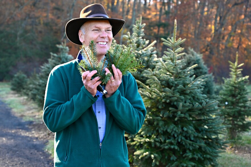 NORTH BRANFORD, CT - November 9, 2020: Garden expert Charlie Nardozzi during an outtake holding tree boughs while filming New England Gardening Holiday Edition at Van Wilgen’s Garden Center in North Branford, CT.