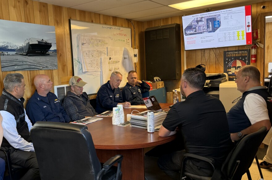 Top U.S. Coast Guard officials, Sen. Dan Sullivan and JAG Alaska employees discuss the arrival of two new ships on Monday, Aug. 10, 2026 in Seward, Alaska.