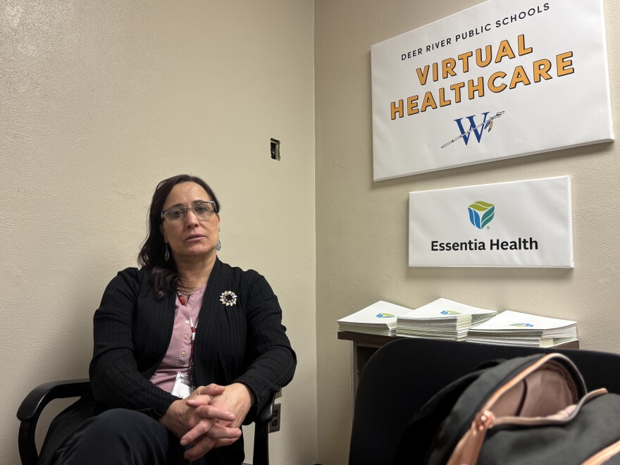 Project Manager Susan Nelson discusses Deer River's plans for a school-based health center Dec. 4, 2025, in her office at the high school, which also serves as the telehealth office.