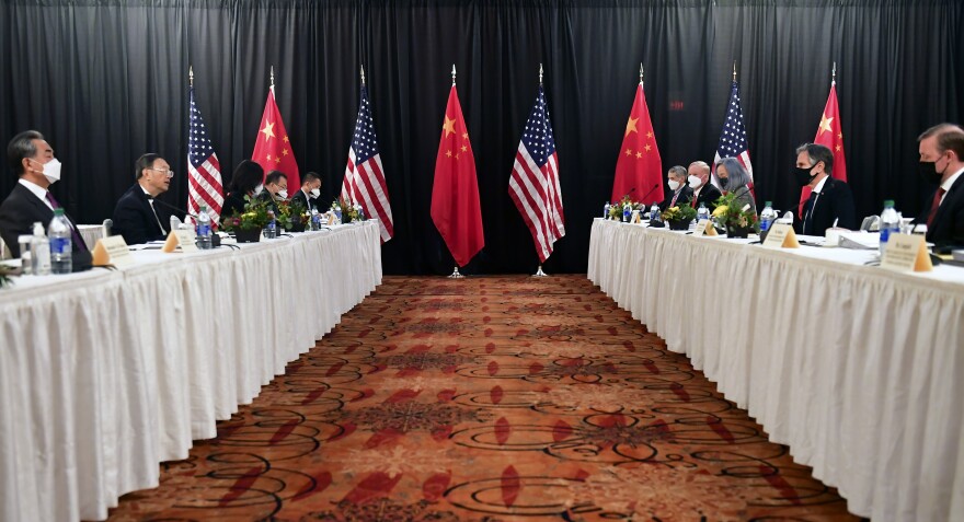 Secretary of State Antony Blinken (second from right), joined by national security adviser Jake Sullivan (right), speaks while facing Chinese Communist Party foreign affairs chief Yang Jiechi (second from left) and China's State Councilor Wang Yi (left) at the opening session of U.S.-China talks at the Captain Cook Hotel in Anchorage, Alaska on Thursday.