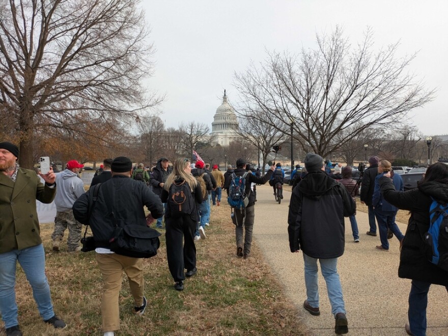 A small crowd of far-right activists marched on the U.S. Capitol Tuesday, Jan. 6, 2026, in a nonviolent protest. They followed the path of the march five years earlier, when rioters attacked the Capitol in an attempt to stop certification of Joe Biden’s presidential election.