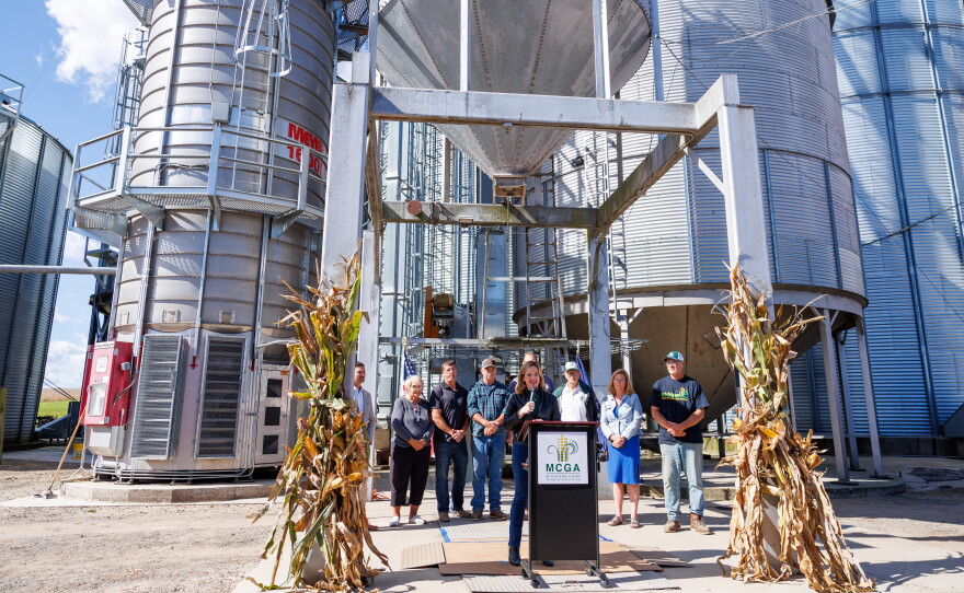 Secretary of State Jocelyn Benson, the Democratic nominee for governor, speaks at a corn farm in Lansing, Mich., on Oct. 8, 2026.