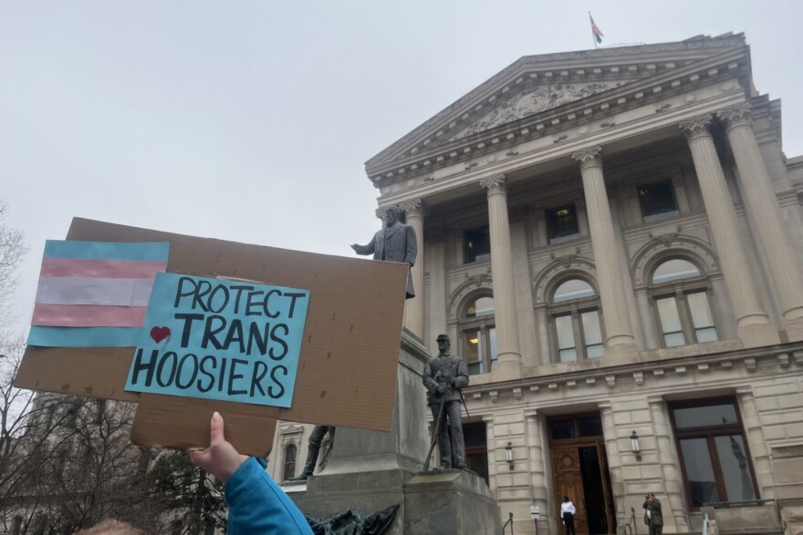 People rally in support of transgender rights outside of the Indiana Statehouse on Feb. 5, 2025.
