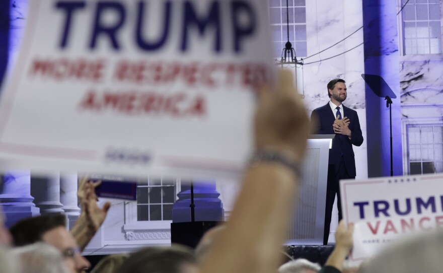 Republican vice presidential candidate, U.S. Sen. J.D. Vance (R-OH) stands on stage on the third day of the Republican National Convention.