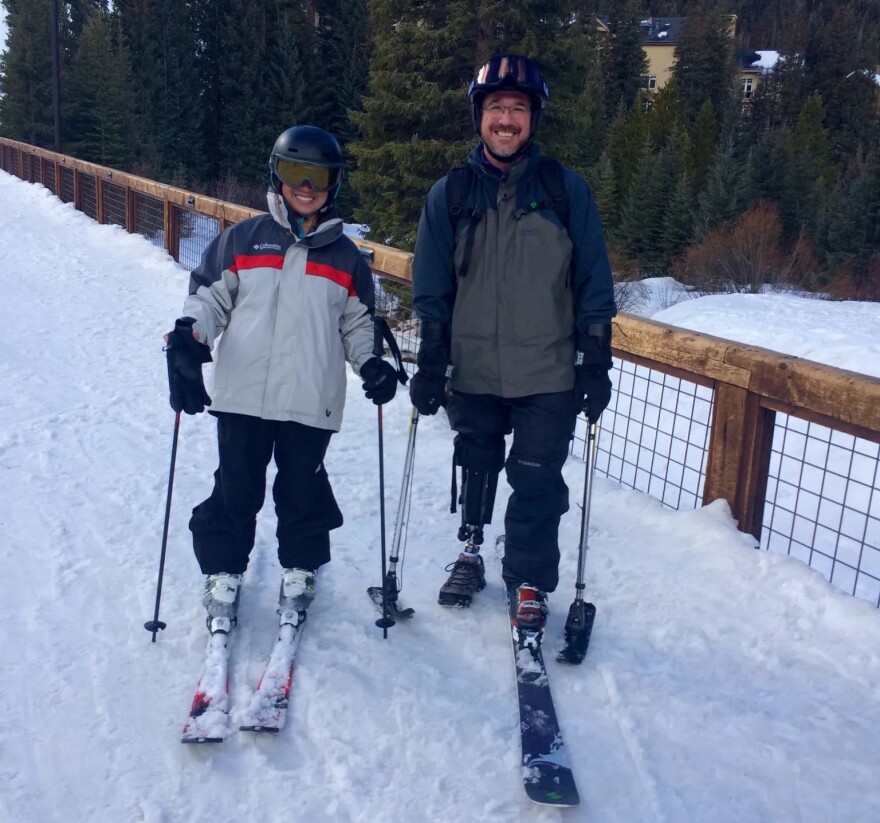Michael Adams, shown skiing in Colorado with his wife, Liza, was told by his insurer that the replacement prosthetic leg his doctor prescribed wasn’t medically necessary.
