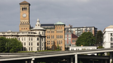 Historic buildings in downtown Tacoma, Wash., including the clock tower of the city's old city hall, are shown Wednesday, May 19, 2010.
