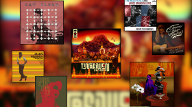 Seven squares with music artwork in them, over blurred orange background. 