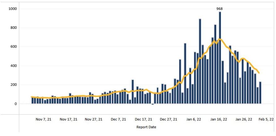 A graph of new COVID-19 cases over the past 90 days in the Roanoke City-Alleghany Health District.