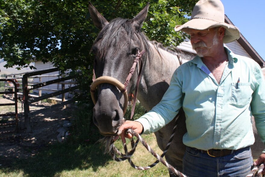 Minor’s horse “Indy” is fitted with a hackamore Minor made from rawhide.