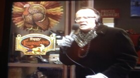 Les Nessman (Richard Sanders) broadcasts from WKRP's Thanksgiving promotion at fictional Pinedale Shopping Mall on Oct. 30, 1978.