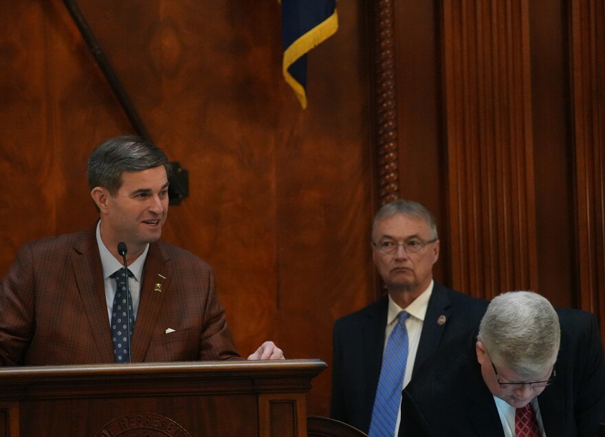 House Speaker Murrell Smith, R-Sumter, and Majority Leader Davey Hiott, R-Pickens, in the House chamber at the Statehouse on Feb. 25 , 2026.