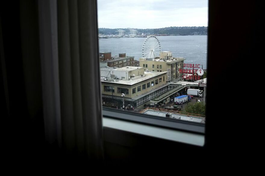 The view from a room on the top floor of the State Hotel is shown overlooking Pike Place Market, on Friday, May 8, 2026, in Seattle.