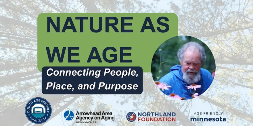 Advertisement for "Nature As We Age"; small circular photo of a man with flowers, hazy background photo looking upward at pine trees