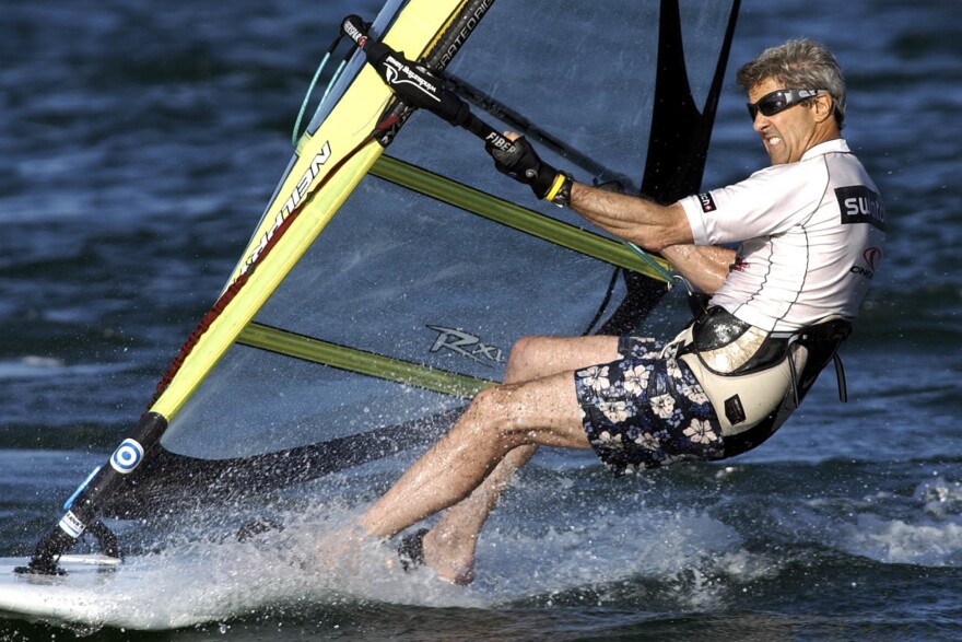 John Kerry, the 2004 Democratic presidential nominee, windsurfs off the coast of Nantucket, Mass., in 2004.