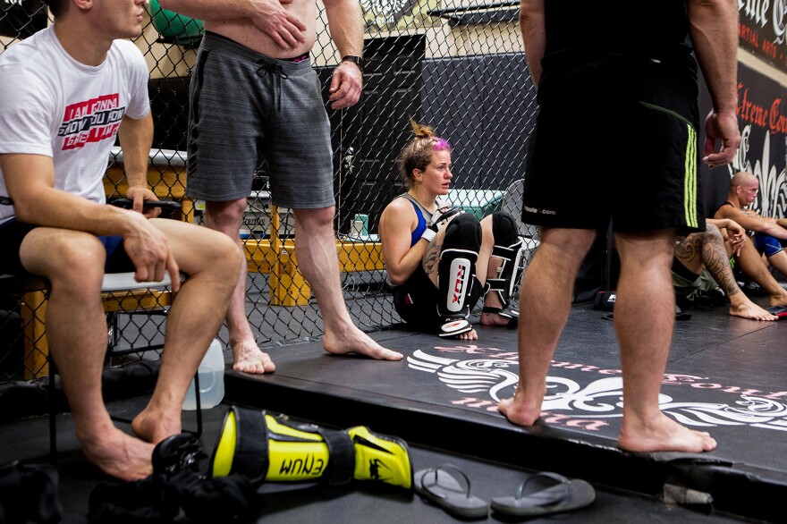 Mazany takes a break from her training. For the past six years, researchers have been looking for changes in blood work, brain scans and mental functioning in the fighters enrolled in their study. So far, Mazany's tests show her brain functioning hasn't been affected.