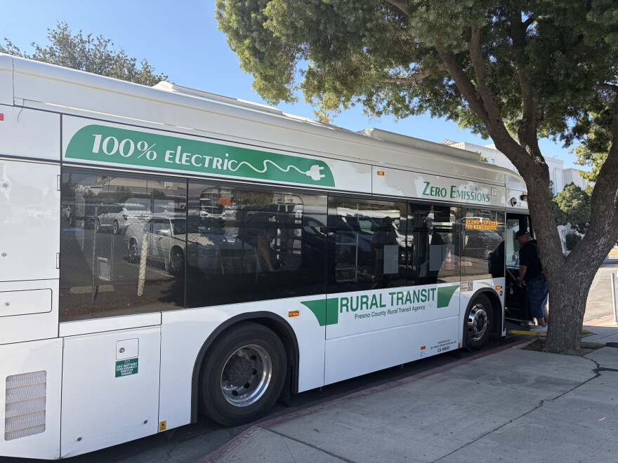 A Fresno County Rural Transit Agency bus prepares to depart a downtown Fresno stop on Oct. 7, 2026.