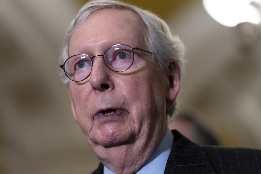 Senate Republican Leader Mitch McConnell, R-Ky., speaks to reporters following a closed-door policy meeting, at the Capitol in Washington, Tuesday, Feb. 28, 2023. A spokesman for McConnell said the senator has been hospitalized after tripping and falling Wednesday, March 8, at a hotel.