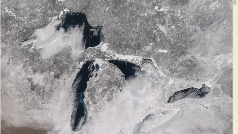 A satellite image of the Great Lakes taken January 31, 2026.