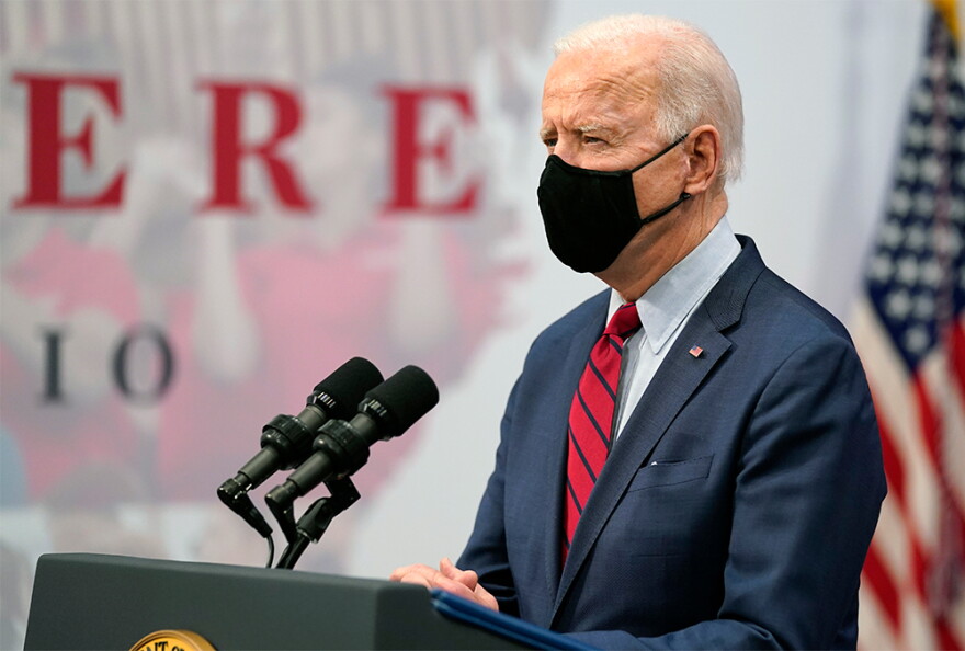 President Joe Biden speaks after a tour of the James Cancer Hospital and Solove Research Institute at The Ohio State University, Tuesday, March 23, 2021, in Columbus.