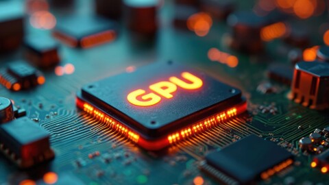 This photo shows a close-up of a glowing GPU chip on a green motherboard.