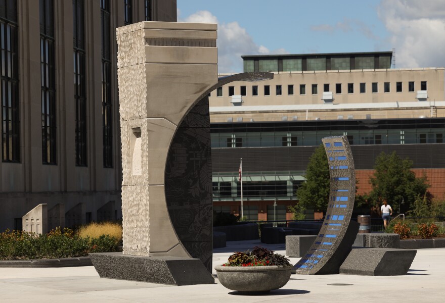 The Rundel Memorial Library's north terrace along Broad Street and the Genesee River has been opened after repairs to the structural framework supporting the terrace, and work adding art, seating, plantings and more to the street-level space.