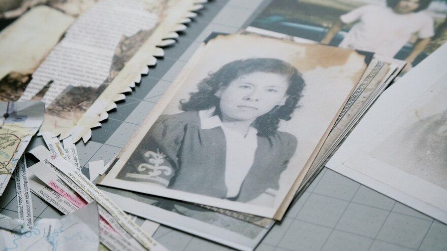 A photograph of Tina Medina鈥檚 mother is seen among the materials in her studio.