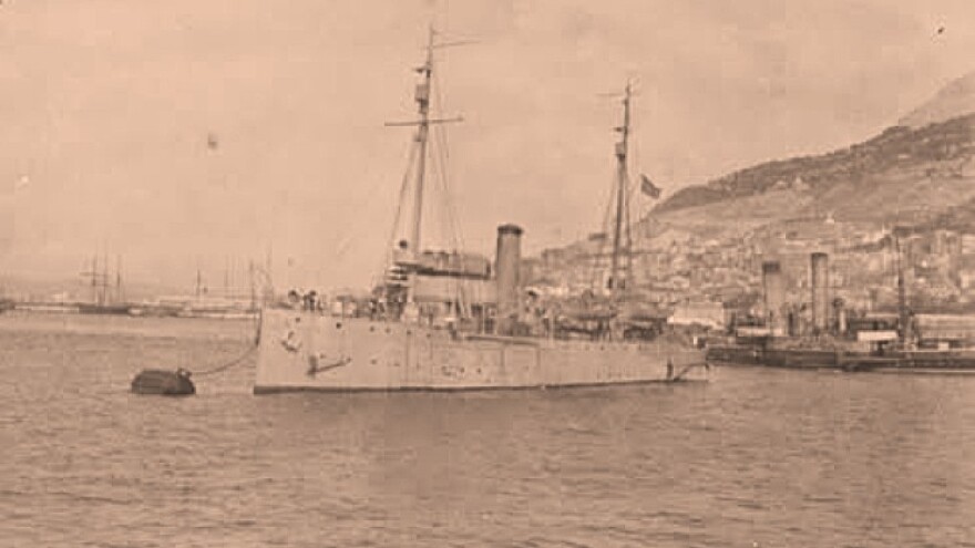 The cutter Tampa, anchored off Gibraltar, where is was based during World War I in 1918. The ship was charged with escorting convorys through waters infested with German U-boat submarines.