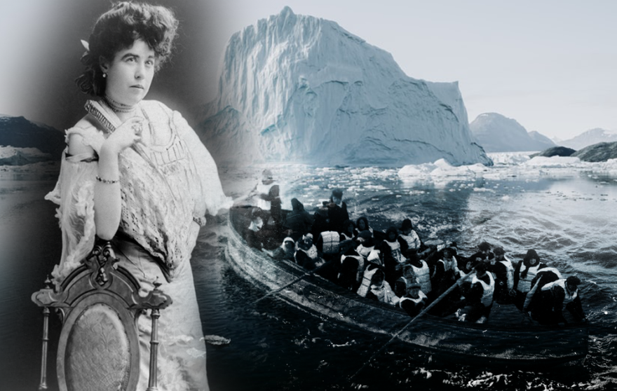 A black-and-white image shows a woman with dark, curly hair wearing a light-colored dress and posing with her elbow on the back of a chair. The photo is superimposed on the background image of a full lifeboat with an iceberg in the distance, also black-and-white.