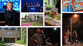 A collage of images including a tv host, panel discussion, house for sale, children’s books and a building entrance with WKAR sign