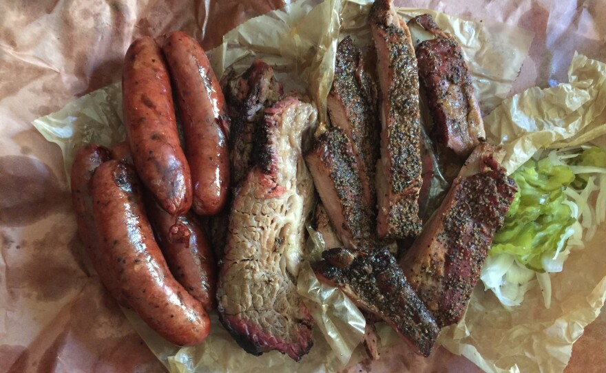 What the fuss is all about: an order of sausage, brisket and ribs at Franklin Barbecue