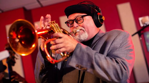 Flugelhornist Dmitri Matheny performing in the KNKX Seattle Studios.