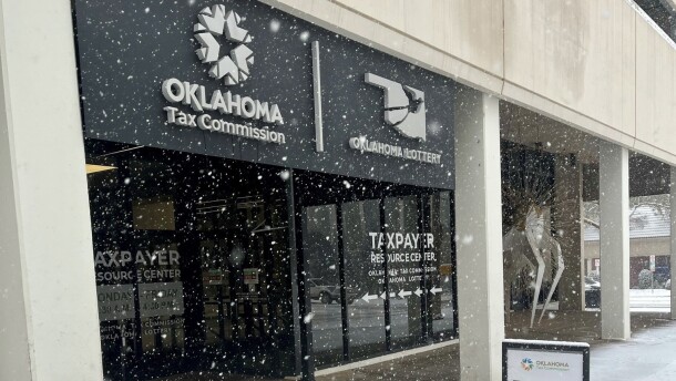 The Oklahoma Tax Commission office during a snowstorm.