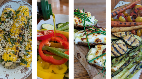 Collage of grilled corn on the co with parsley and cheese, olive oil being poured over multi colored pepper slices, grilled cheese topped potatoes with chives, assortment of grilled veggies