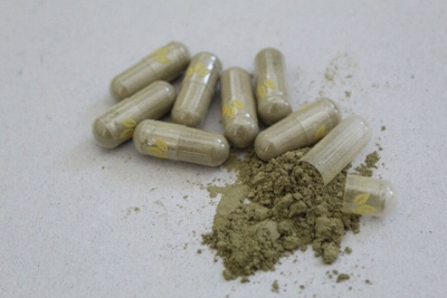 Photo of kratom product, part of a tropical plant with leaves that have been traditionally consumed for pain relief.