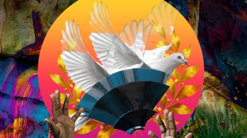 A brightly colored collage of a white dove with wings spread. There is a fan covering part of the dove and they are both set against a pink and orange circle. Below them is a pair of hands reaching towards the dove. Above this it says "Cymande" and "Renascence."