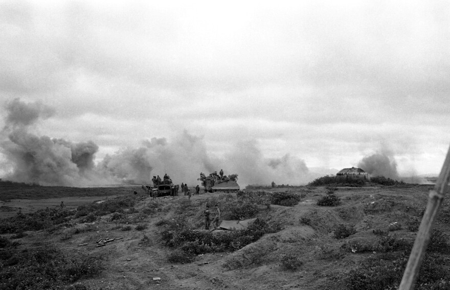 Smoke rises from a B-52 airstrike on a North Vietnamese tank column about 15 miles west of Dong Ha on April 18, 1972. Quang Tri province was hit hardest in the war.